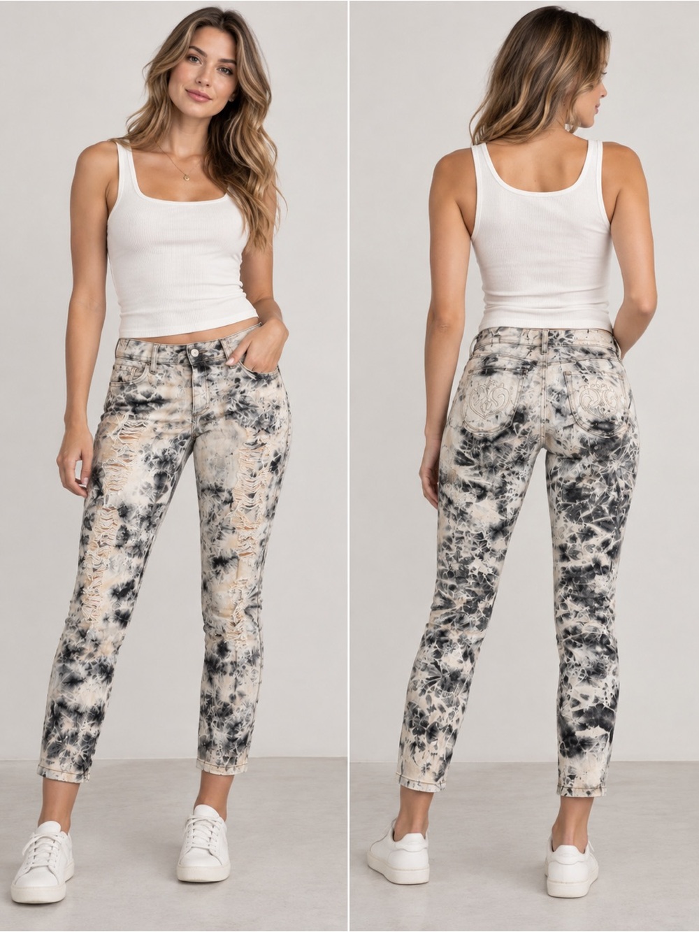 Siwy Hannah contoured slim crop black cream tie-dye distressed skinny jeans 30